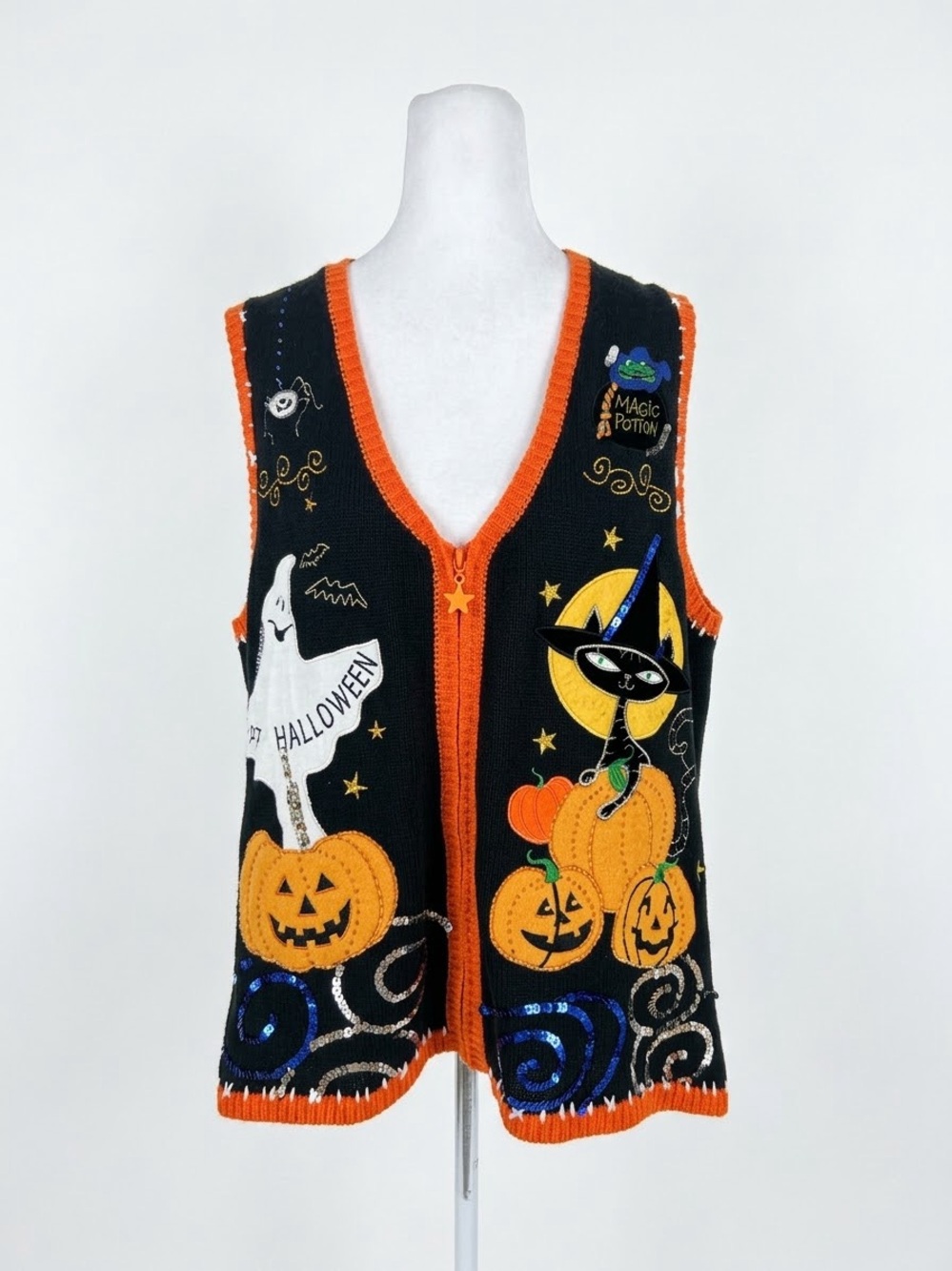 Holiday Editions Vintage 90s Halloween Full Zip Vest Ghost Cat Pumpkin XL